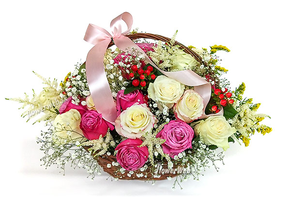 Grand Basket of Roses Pink and White