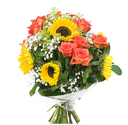 Slnečnice a oranžové ruže 